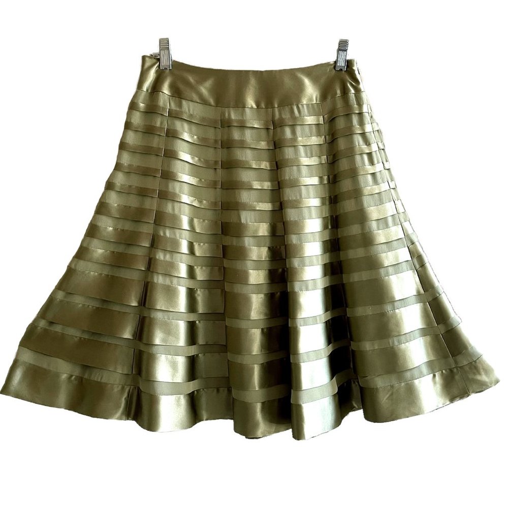 CARMEN MARC VALVO Collection Green Silk Skirt Y2K A-line Tiered Size 6 Vintage